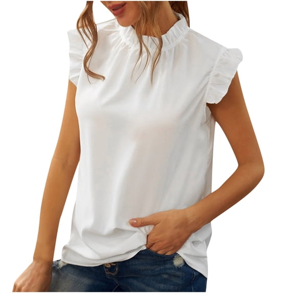 JGGSPWM Women's Sleeveless Tank Top Trendy Tshirts Crewneck Tunic Ruffle Vest Solid Tees Summer Casual Camisole White M