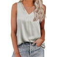 thumbnail image 1 of JGGSPWM Women's Sleeveless Tank Top V Neck Tunic Round Hem Tshirts Pleated Vest Solid Satin Tees Dressy Casual Camisole Gray M, 1 of 4