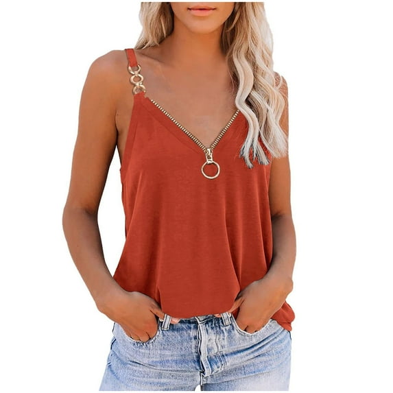 JGGSPWM Women's Sleeveless Tank Tops O Ring Strappy Summer V Neck Zipper Basic Cami Tee Shirts Blouses Orange XL