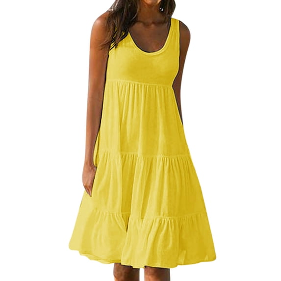 JGGSPWM Women's Sleeveless Tiered Midi Dress Scoop Neck Perfect for Beachwear Casual Outings Summer Solid Color Party Dresses Yellow 2XL