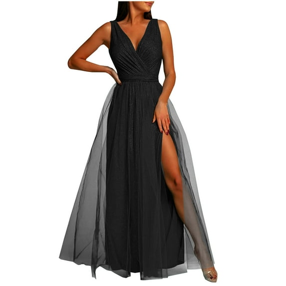 JGGSPWM Women's Sleeveless V Neck Maxi Dress High Slit Ruched Dresses Black 2XL