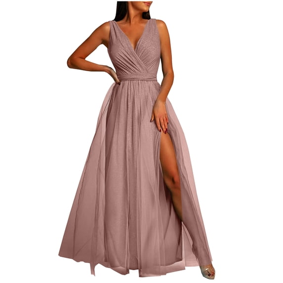 JGGSPWM Women's Sleeveless V Neck Maxi Dress High Slit Ruched Dresses Pink L