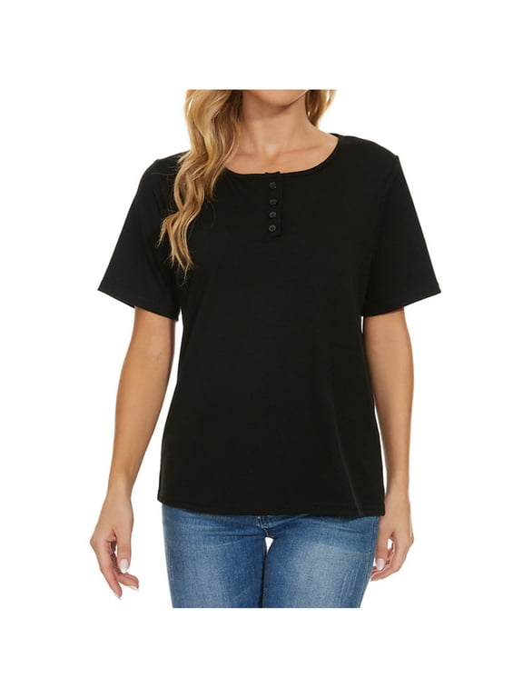 Women's Soft Cotton Button Up Henley Short Sleeve Summer Crewneck Casual Trendy Tunic Tops Black L