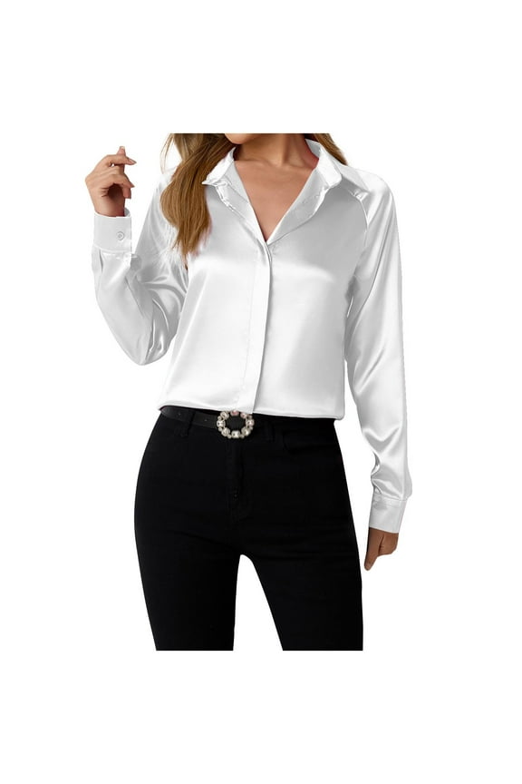 Women's Soft Wrinkle Free Satin Button Down Shirts Long Sleeve Classic Collared Business Casual Silk Blouses White XS
