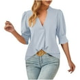 thumbnail image 1 of JGGSPWM Women's Solid Color 3/4 Puff Sleeve Blouse V Neck Casual Round Top Sky Blue M, 1 of 3