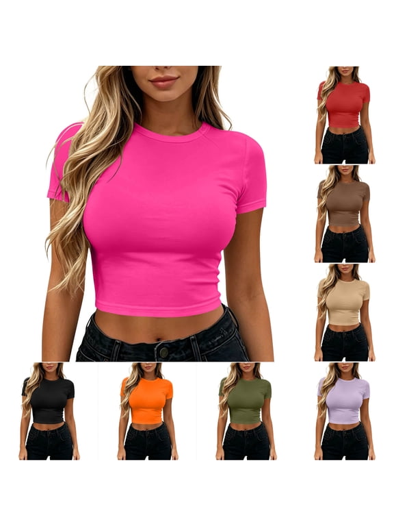 Women's Solid Color Basic Crop Tops Stretchy Casual Round Neck Cap Sleeve Shirt Green XL