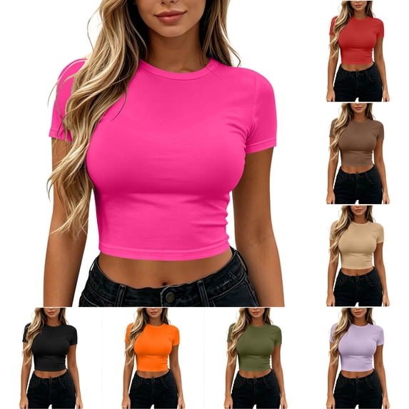 JGGSPWM Women's Solid Color Basic Crop Tops Stretchy Casual Round Neck Cap Sleeve Shirt Pink S