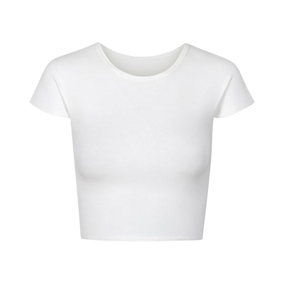 JGGSPWM Women's Solid Color Basic Crop Tops Stretchy Casual Round Neck Cap Sleeve Shirt White XL