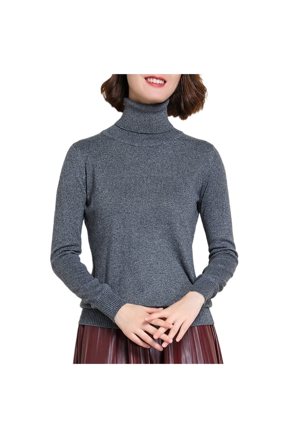 Women's Solid Color Casual Long Sleeve Turtleneck Sweater Lightweight Knit Pullover Jumper Tops for Fall Winter Gray XXL