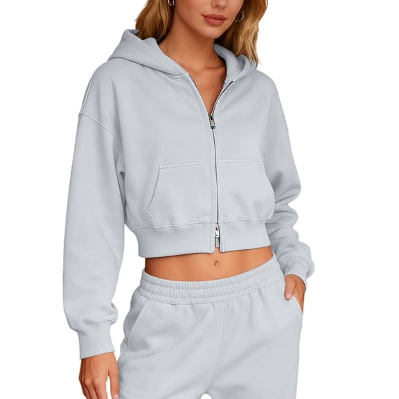 JGGSPWM Women's Solid Color Double Layered Full-Zip Cropped Hoodies with Pockets Long Sleeve Crop Casual Sweatshirts Silver S