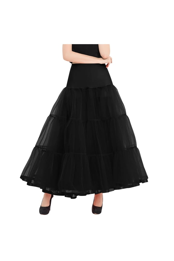 Women's Solid Color High Waisted Mesh With A Large Hemline Puffy Skirt Ankle Length Half Skirt Black XL