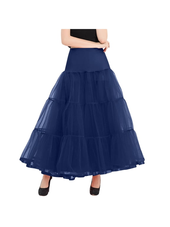 Women's Solid Color High Waisted Mesh With A Large Hemline Puffy Skirt Ankle Length Half Skirt Blue S