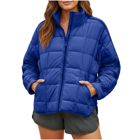 JGGSPWM Women's Solid Color Lightweight Warm Winter Coat Long Sleeve Full Zipper Oversized Packable Short Puffer Jackets Blue XL