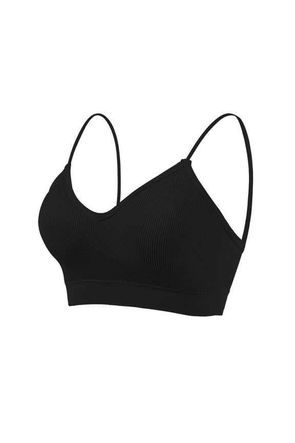 Women's Solid Color Ribbed Racerback Bralette with Adjustable Spaghetti Straps, Non-wired and Seamless for Comfort and Style Black Free Size: 33.46-38.58