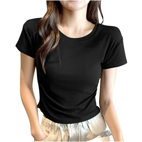 JGGSPWM Women's Solid Color Short Sleeve T-Shirts UPF 50  Sun Protection Quick Dry Athletic Running Workout Tops Black L