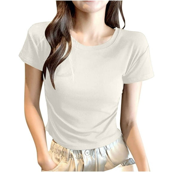 JGGSPWM Women's Solid Color Short Sleeve T-Shirts UPF 50  Sun Protection Quick Dry Athletic Running Workout Tops White L