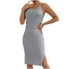 JGGSPWM Women's Solid Color V Neck Knitted Top Summer Camisole Midi Dress with Side Slit Gray M