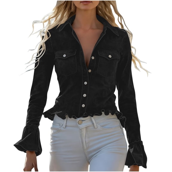 JGGSPWM Women's Solid Color Vintage Velvet Collar Button-Up Shirt with Ruffled Hem and Button Shirt Tops Black XL