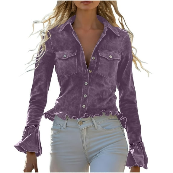 JGGSPWM Women's Solid Color Vintage Velvet Collar Button-Up Shirt with Ruffled Hem and Button Shirt Tops Purple XXL