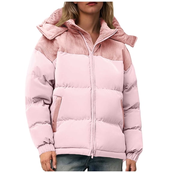 JGGSPWM Women's Solid Color Zipper Stand Collar Hooded Jacket with Double Pockets Detachable Hood Long Sleeve Casual Fashion Cotton Coat Pink S