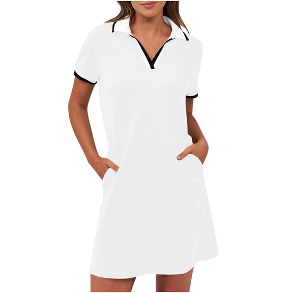 JGGSPWM Women's Solid Dresses Short Sleeve V Neck Casual Summer Breathable Comfy Mini Shirt Dress with Pockets White XL