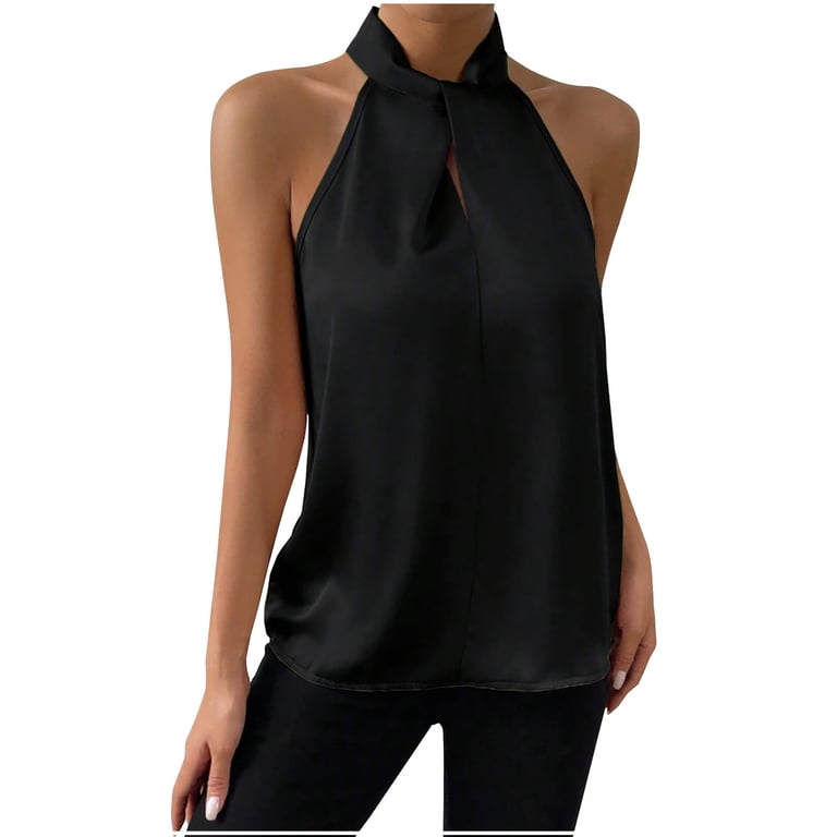 JGGSPWM Women's Solid Keyhole Back Halter Neck Blouse Twist Front