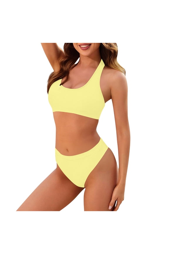 Women's Solid Racerback Athletic Bikinis Sporty Two Pieces Swimsuit For Girls Sports Bathing Suits Yellow L