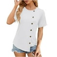 thumbnail image 1 of JGGSPWM Women's Solid Short Sleeve T-Shirt Round Neck Irregular Hem Casual Blouse Asymmetrical Button down Detai Tees Dressy Tops White 8(L), 1 of 8