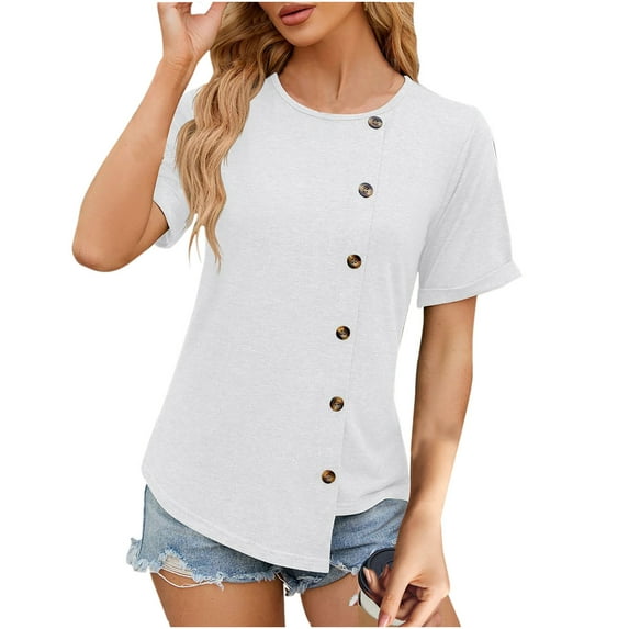 JGGSPWM Women's Solid Short Sleeve T-Shirt Round Neck Irregular Hem Casual Blouse Asymmetrical Button down Detai Tees Dressy Tops White 8(L)
