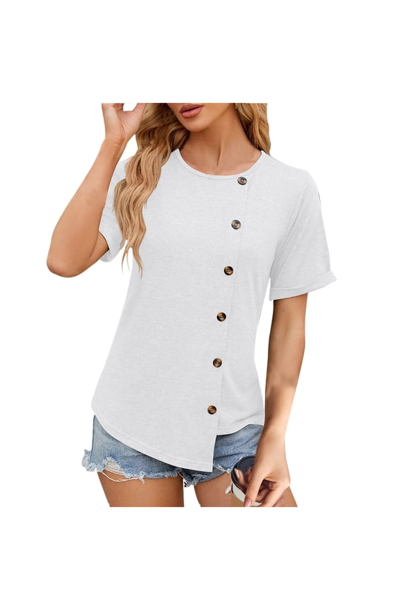 Women's Solid Short Sleeve T-Shirt Round Neck Irregular Hem Casual Blouse Asymmetrical Button down Detai Tees Dressy Tops White 8(L)