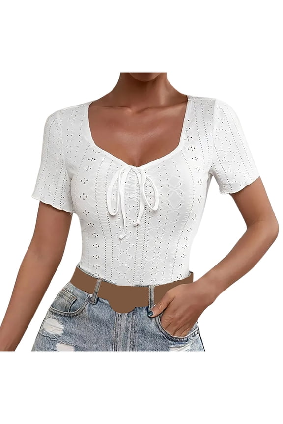 Women's Solid V Neck Drawstring Ruched Puff Sleeve Tops Dressy Slim Fit Retro Shirt Blouses White M