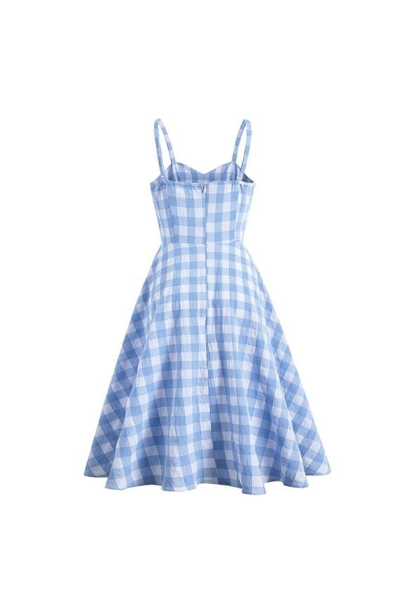 Women's Spaghetti Strap Gingham Print Midi Dress Sweetheart Neckline Casual Summer Parties Dresses Light Blue 2XL