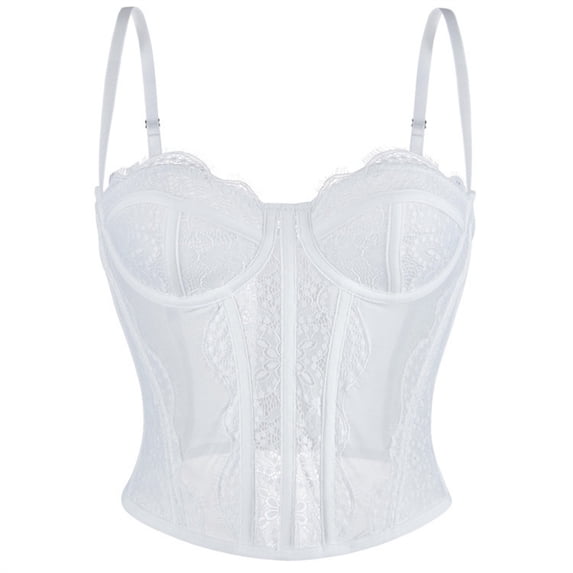 JGGSPWM Women's Spaghetti Strap Mesh Floral Lace Corset Tops Lace-Up Bustier Going Out Date Night Party Crop Cami Top White M