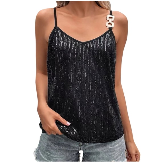 JGGSPWM Women's Sparkling Sequin Tank Tops Sleeveless Shimmer Camisoles Scoop Neck Spaghetti Straps Tank Cami Shirts Black 2XL