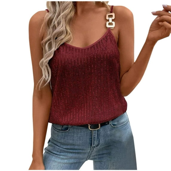 JGGSPWM Women's Sparkling Sequin Tank Tops Sleeveless Shimmer Camisoles Scoop Neck Spaghetti Straps Tank Cami Shirts Wine 2XL