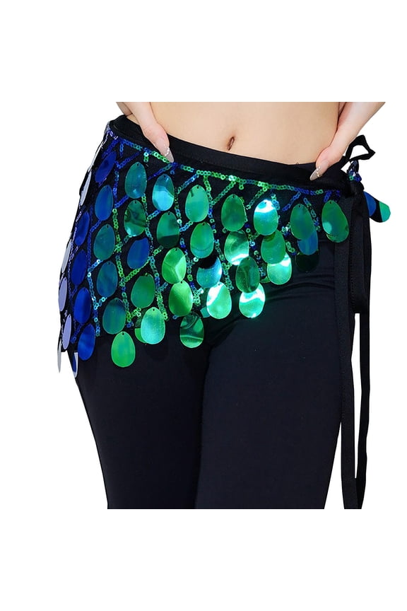 Women's Sparkly Fringed Tie Side Wrap Skirt, Sequins Tassel Belly Dance Hip Scarf Waist Skirts for Party Green Free Size