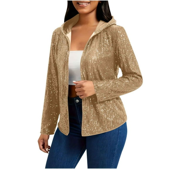 JGGSPWM Women's Sparkly Sequin Jacket Zipper Long Sleeve Glitter Sequin Hooded Jacket Solid Color Fashion Coats with Pockets Gold XXL