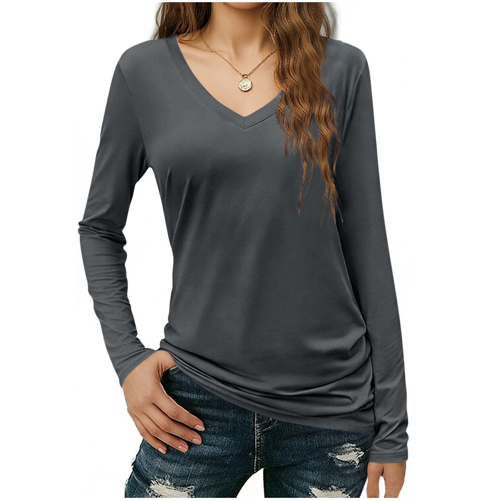 JGGSPWM Women's Spring Basic Tops 2026 Slim Fit V Neck Long Sleeve ...
