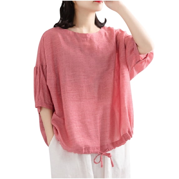 JGGSPWM Women's Spring Summer Half Bat Sleeve Drawstring Hem Casual Baggy Crew Neck Oversized Solid Tees Blouse Tops Pink L