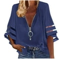 thumbnail image 1 of JGGSPWM Women's Spring Summer Loose Zipper V-Neck 3/4 Sleeves Splicing Pullover Fashion Shirts Dark Blue L, 1 of 6