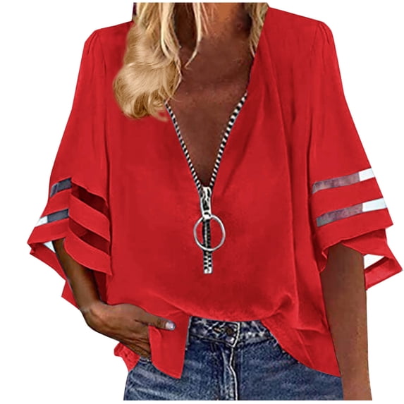 JGGSPWM Women's Spring Summer Loose Zipper V-Neck 3/4 Sleeves Splicing Pullover Fashion Shirts Red XL