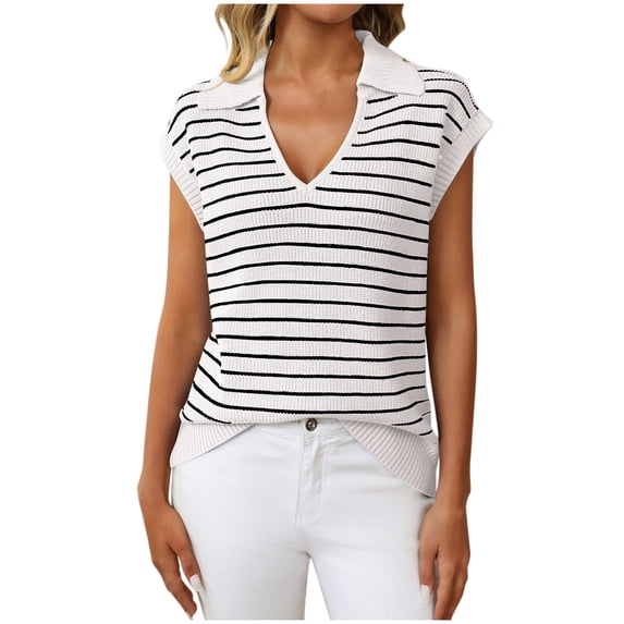 JGGSPWM Women's Spring Summer V-Neck Cap Sleeve Vest with Striped Pattern and Lightweight Design White S