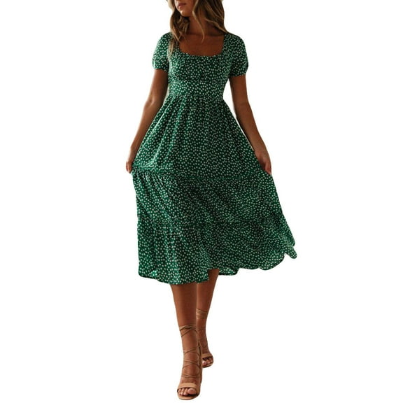 JGGSPWM Women's Square Neck Midi Dress Polyester High Waisted A Line Skirt Short Sleeves Dresses Green S