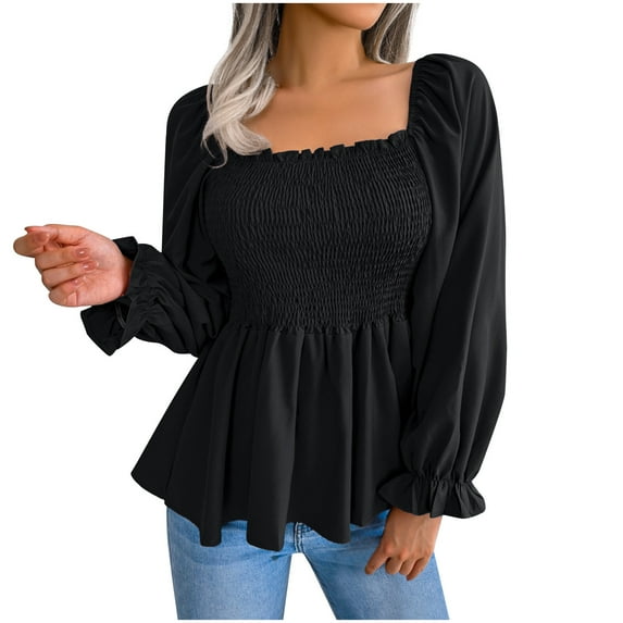 JGGSPWM Women's Square Neck Shirred Ruffle Hem Long Sleeve Blouse Shirt Peplum Top Fall Dressy Shirts Retro Vintage Tunic Black XL