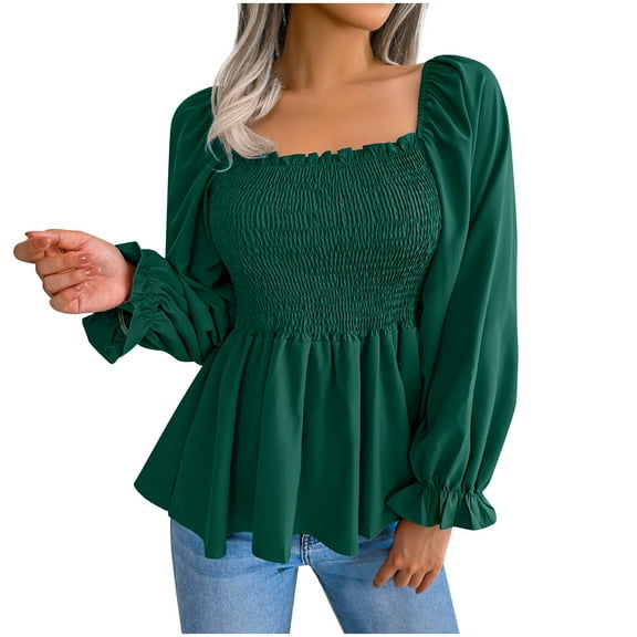 JGGSPWM Women's Square Neck Shirred Ruffle Hem Long Sleeve Blouse Shirt Peplum Top Fall Dressy Shirts Retro Vintage Tunic Green M