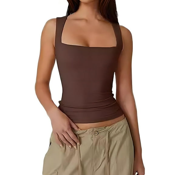JGGSPWM Women's Square Neck Sleeveless Crop Top Solid Color V Knitted Textured Shirt Brown M
