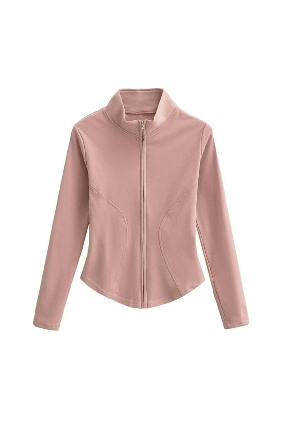 Women's Stand Collar Long Sleeve Running Jacket Athletic Workout Sports Top with Pockets Slim Fit Full Zip Pink#/001 L