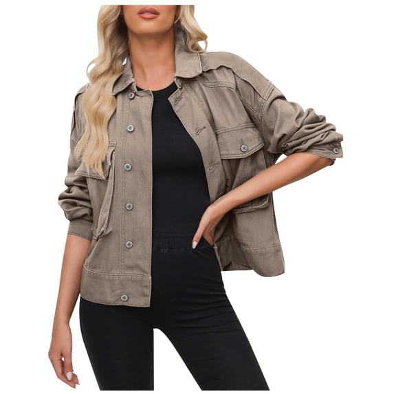 JGGSPWM Women's Stretch Denim Jacket Cropped Jean Jacket with Cargo Pockets Fashion Casual Fall Wear Coffee#/001 S