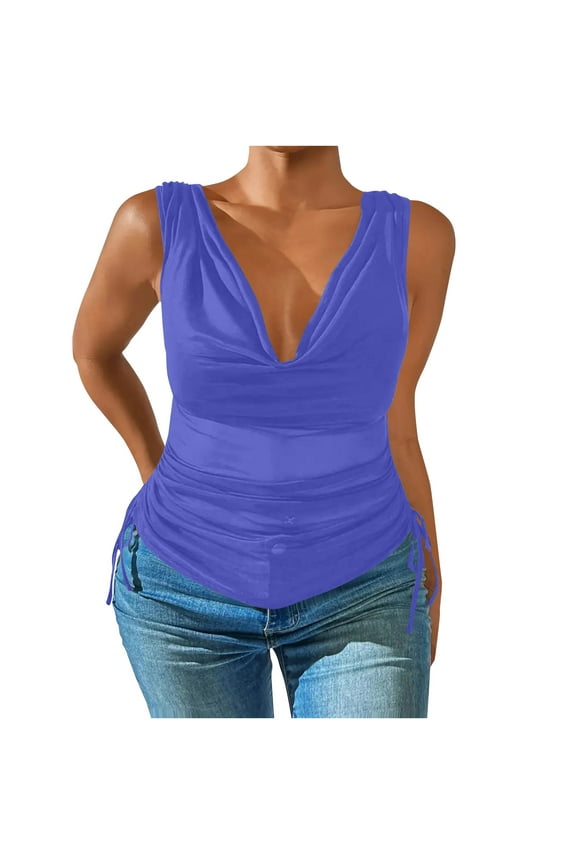 Women's Stretch Fabric Sleeveless Deep V-Neck Tank Top Side Ruching Adjustable Drawstrings Pile Neck Camisole Blouse Blue 2XL