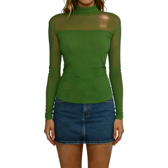 JGGSPWM Women's Stretch Mesh Patchwork High Neck Long Sleeve Tops Knit Tshirt Going Out Shirts Blouse Base Layer Top Green S